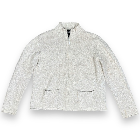 Eileen Fisher Heathered Beige Cardigan Full Zip Cotton Linen Pockets Sz M - Picture 2 of 6